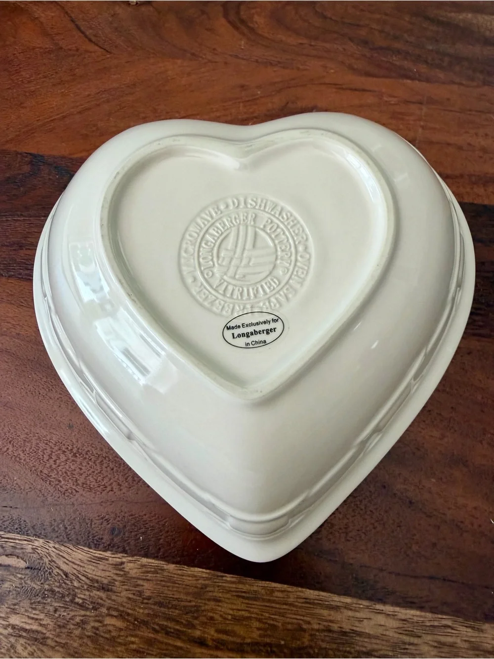 Longaberger Pottery Heart Bowl White Ceramic Glossy Basket Weave USA 8.75”